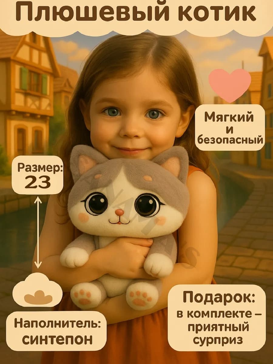 Плюшевый котёнок с большими глазами, 23 см