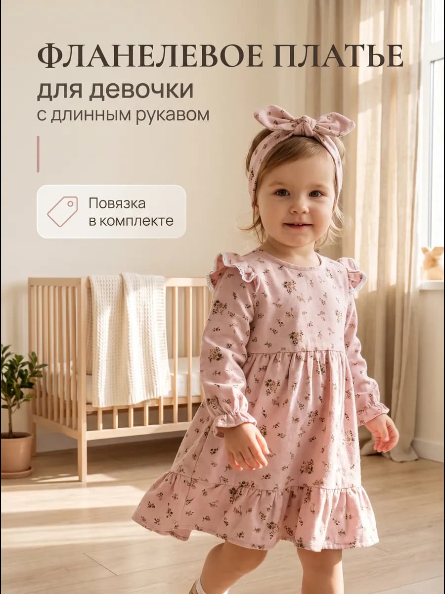 Платье детское фланель розовое с повязкой