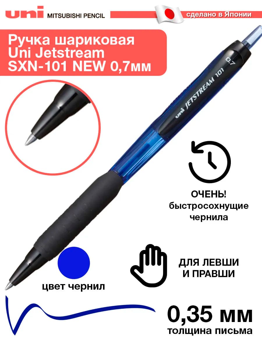 Ручка шариковая UNI Jetstream SXN-101, 0.7 мм синий корпус
