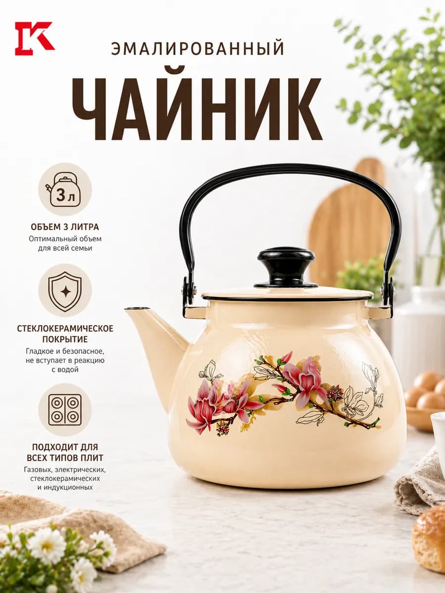 Чайник эмалированный с металлической ручкой 3 л Магнолия