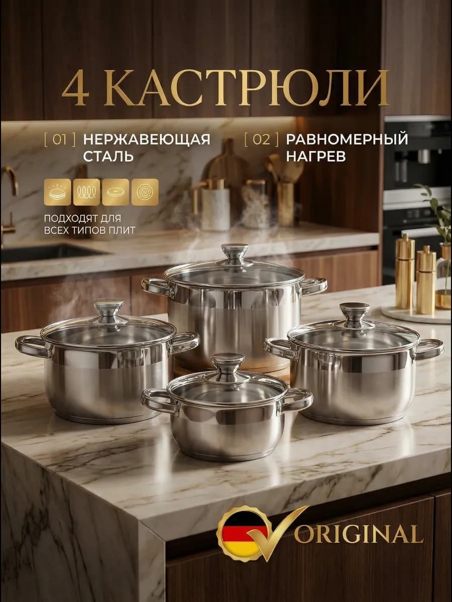 Набор кастрюль с крышками 4 шт