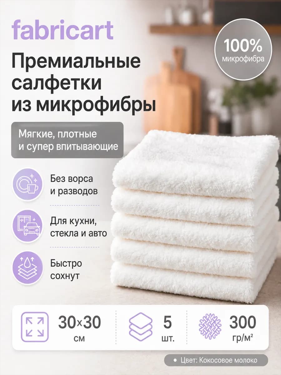 Салфетки для уборки из микрофибры 5 штук 30х30 см