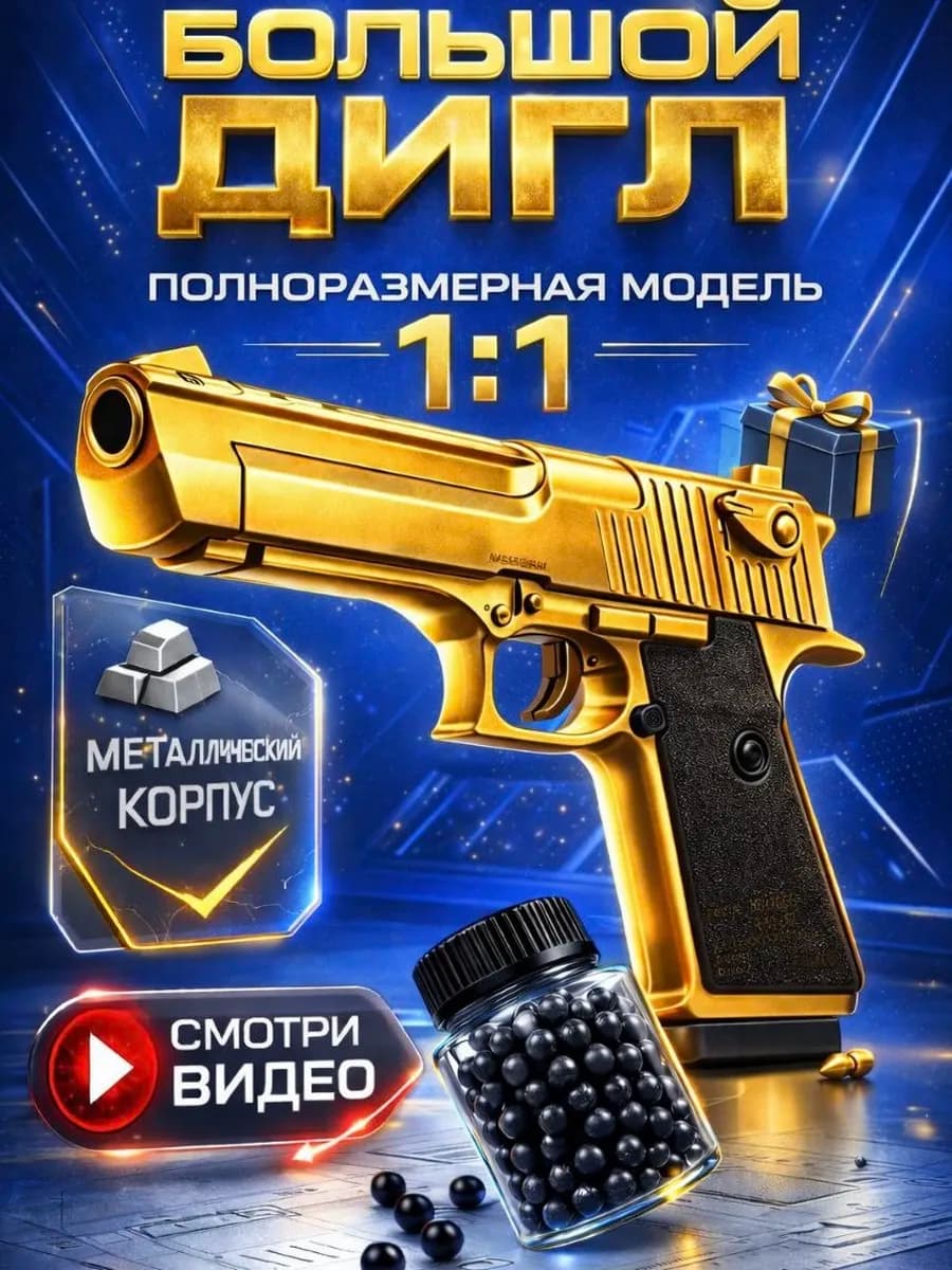 Спринговый пистолет с пульками Desert Eagle gold железный