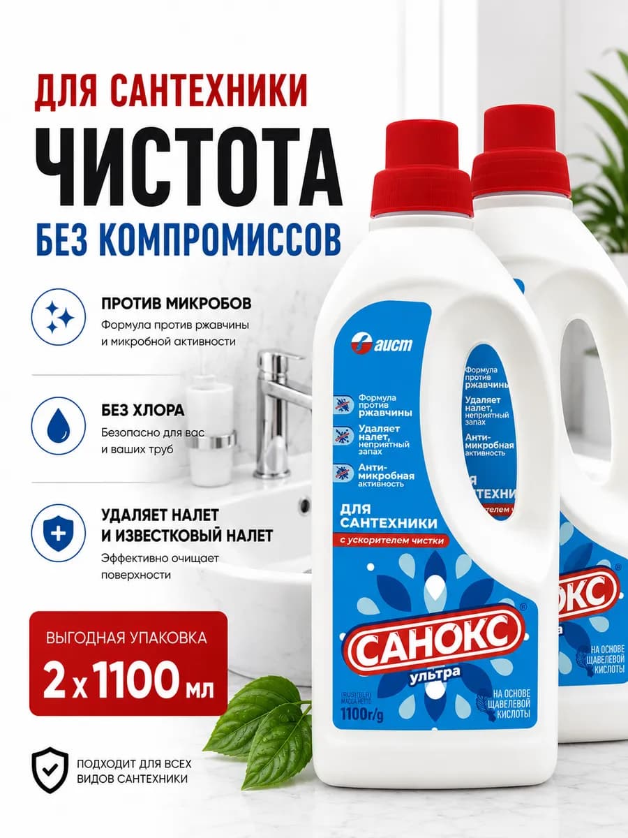 Чистящее средство для сантехники унитаза ванной 1100 мл, 2шт