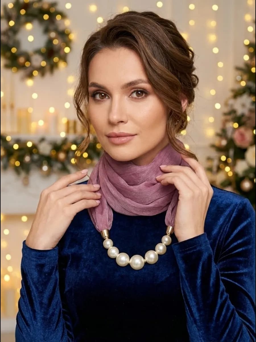 Шарф колье с бусами легкий украшение платок снуд