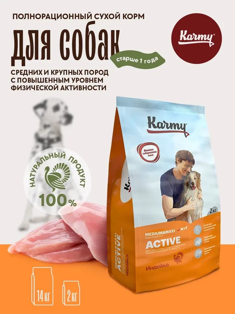 Корм для собак сухой Active Medium&Maxi Индейка 2 кг
