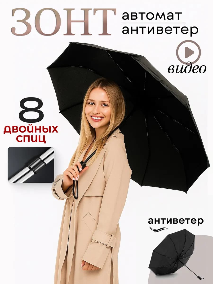 Зонт женский автомат антиветер черный подарок на новый год