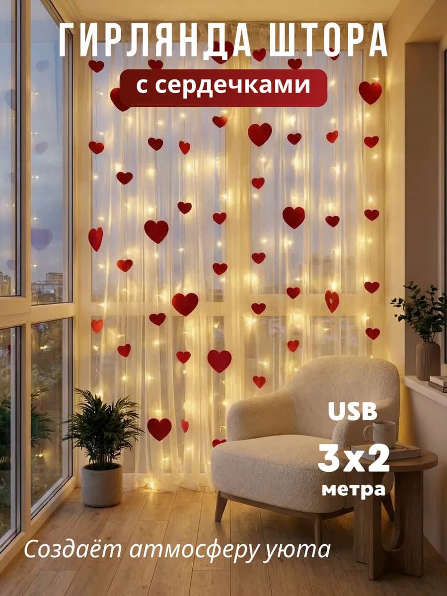 Гирлянда светодиодная сердечки декоративные декор к 8 Марта