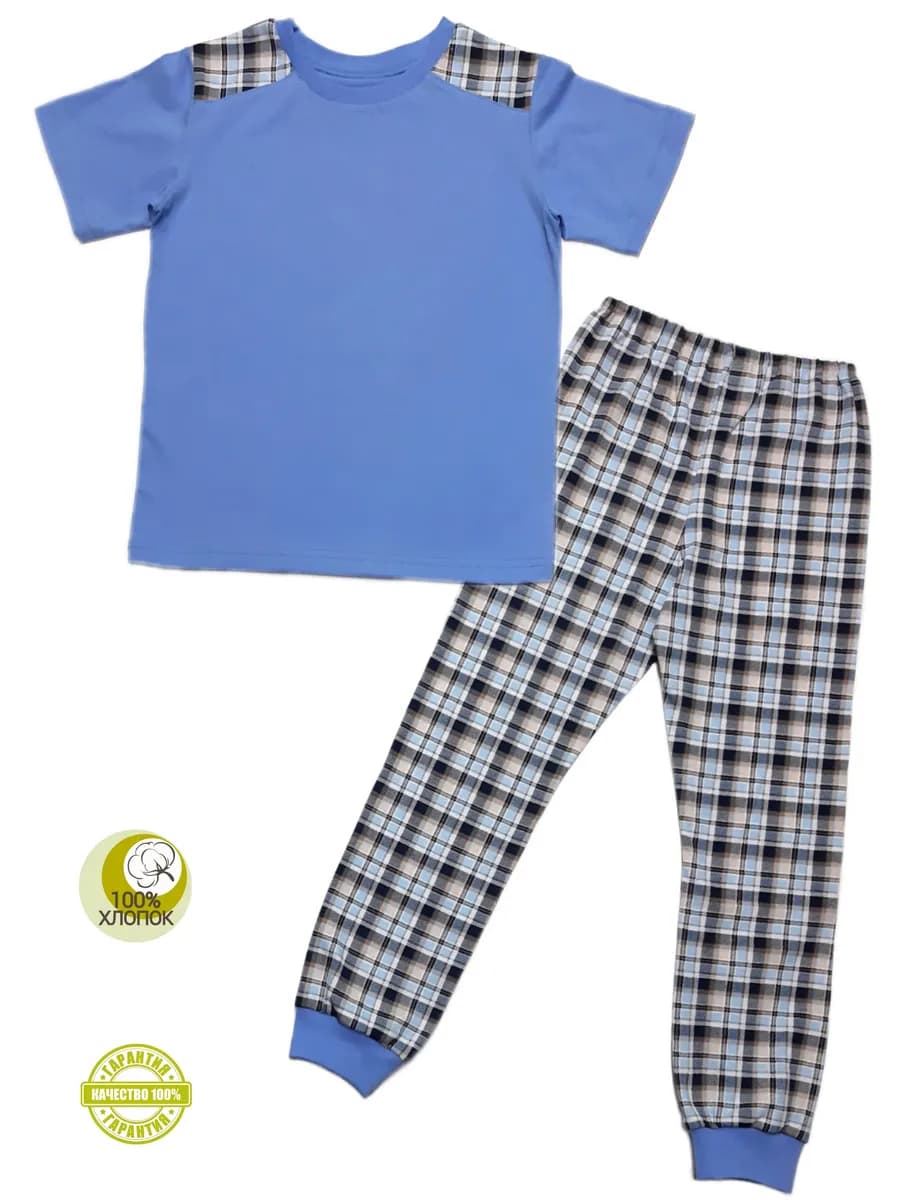 Пижама, красивый костюм для дома футболка, брюки в клетку - фото 1