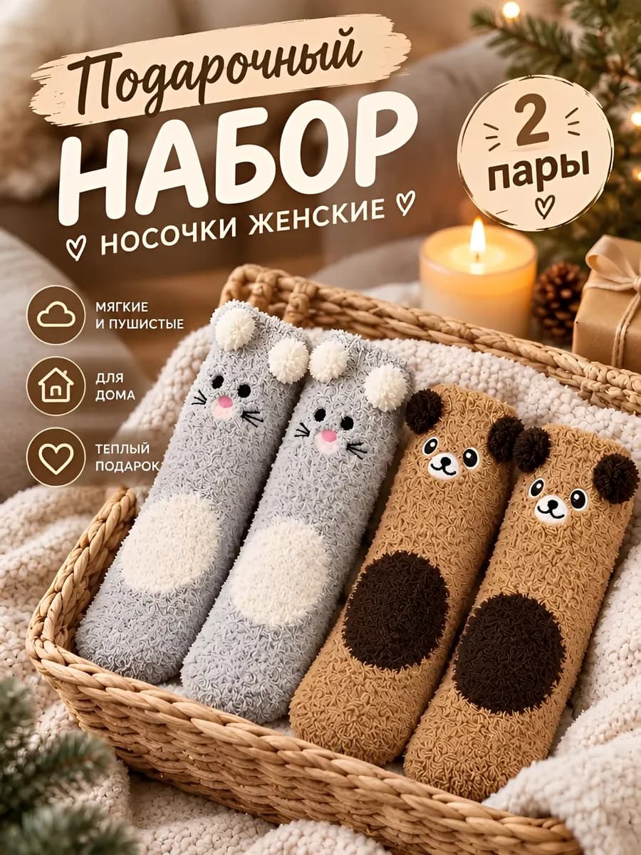 Теплые подарочные домашние носки с ушками, 2 пары, плюшевые