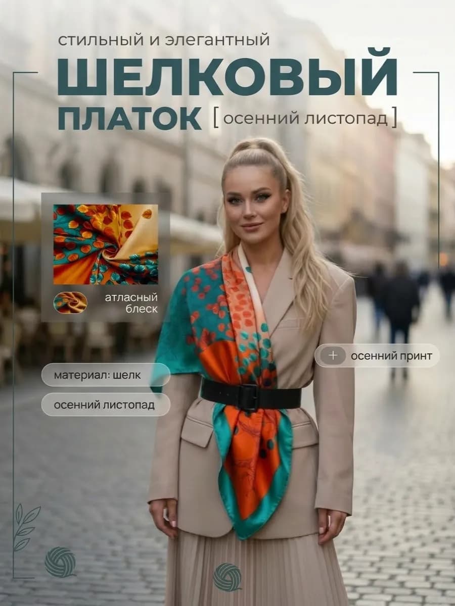Платок шелковый на голову и шею косынка в подарок