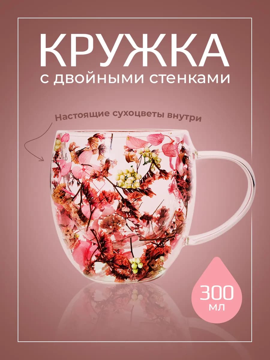 Прозрачная кружка с двойными стенками с цветами