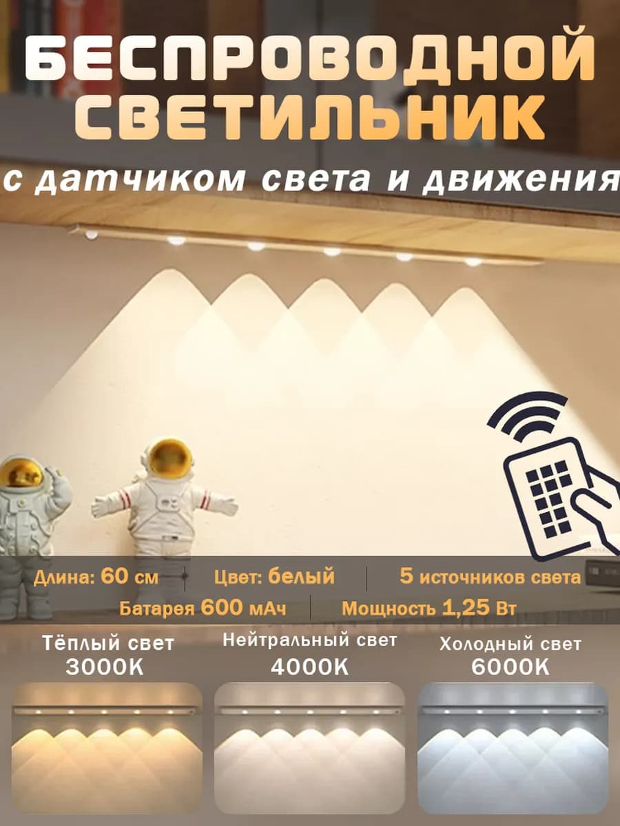 беспроводной светильник с датчиком на кухню 60см, Белый