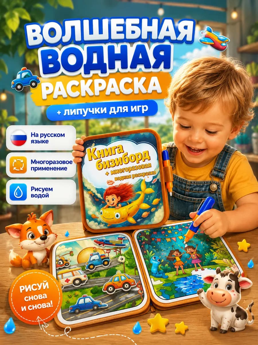 Тактильная книжка раскраска-бизиборд с липучками