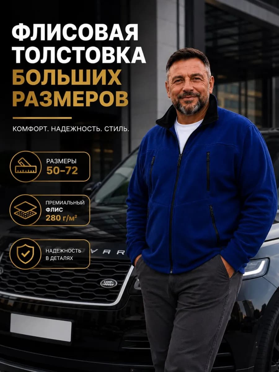 Толстовка флисовая мужская на молнии больших размеров