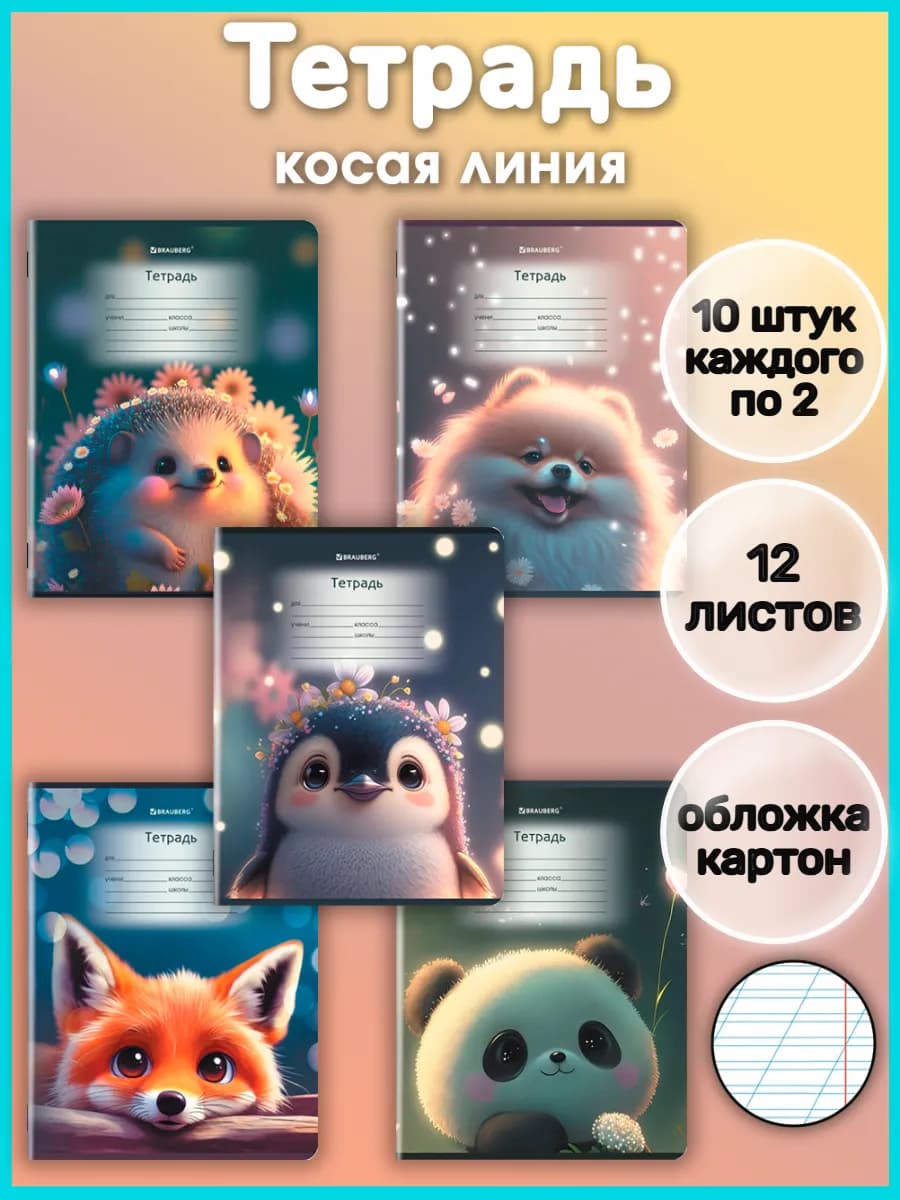 Тетрадь косая линия 12 листов с рисунком 10 штук