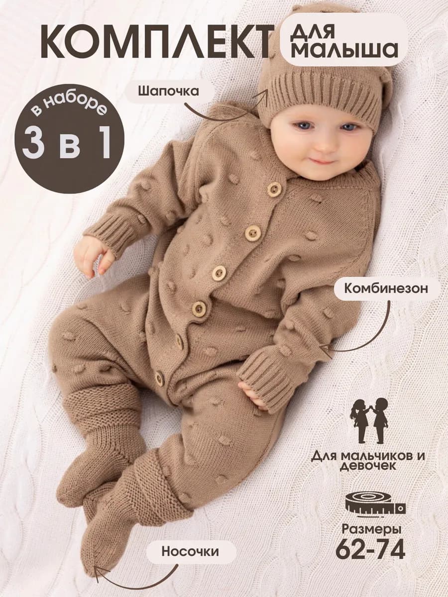 Вязаный комбинезон для новорожденных комплект на выписку