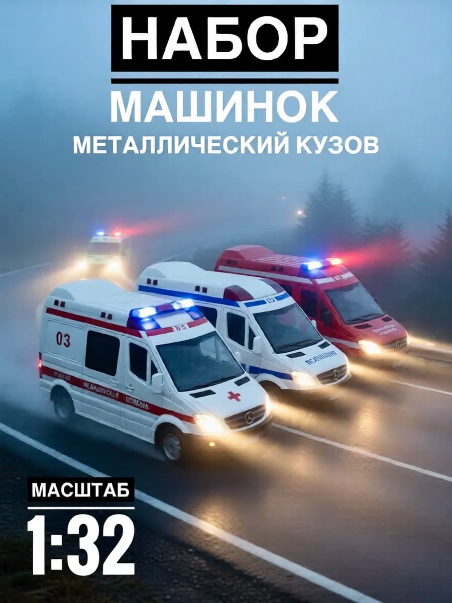 Набор металлических машинок Полиция Скорая Пожарная