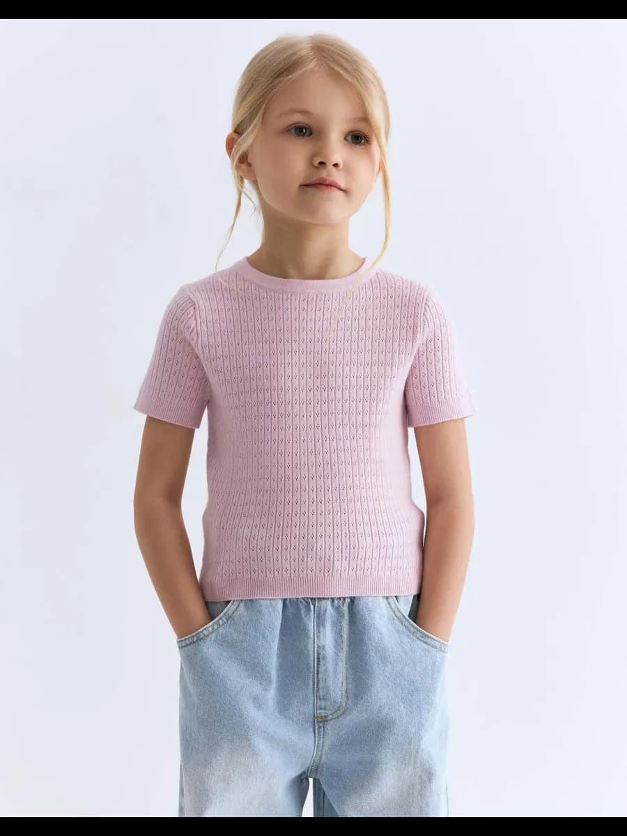 Сиреневый джемпер с коротким рукавом из трикотажа пуантель