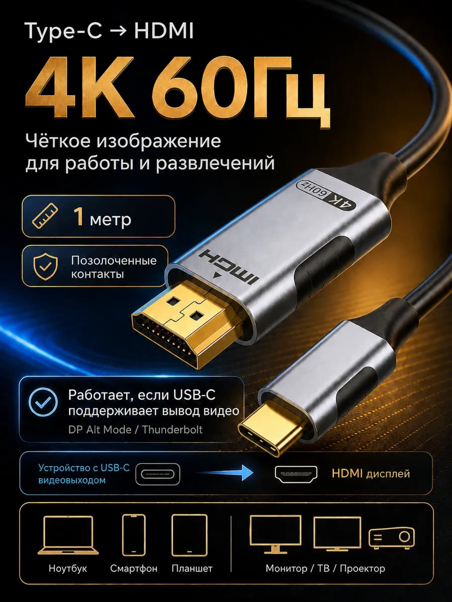 Кабель HDMI Type-C 4K 60Hz для телефона и телевизора 1 метр