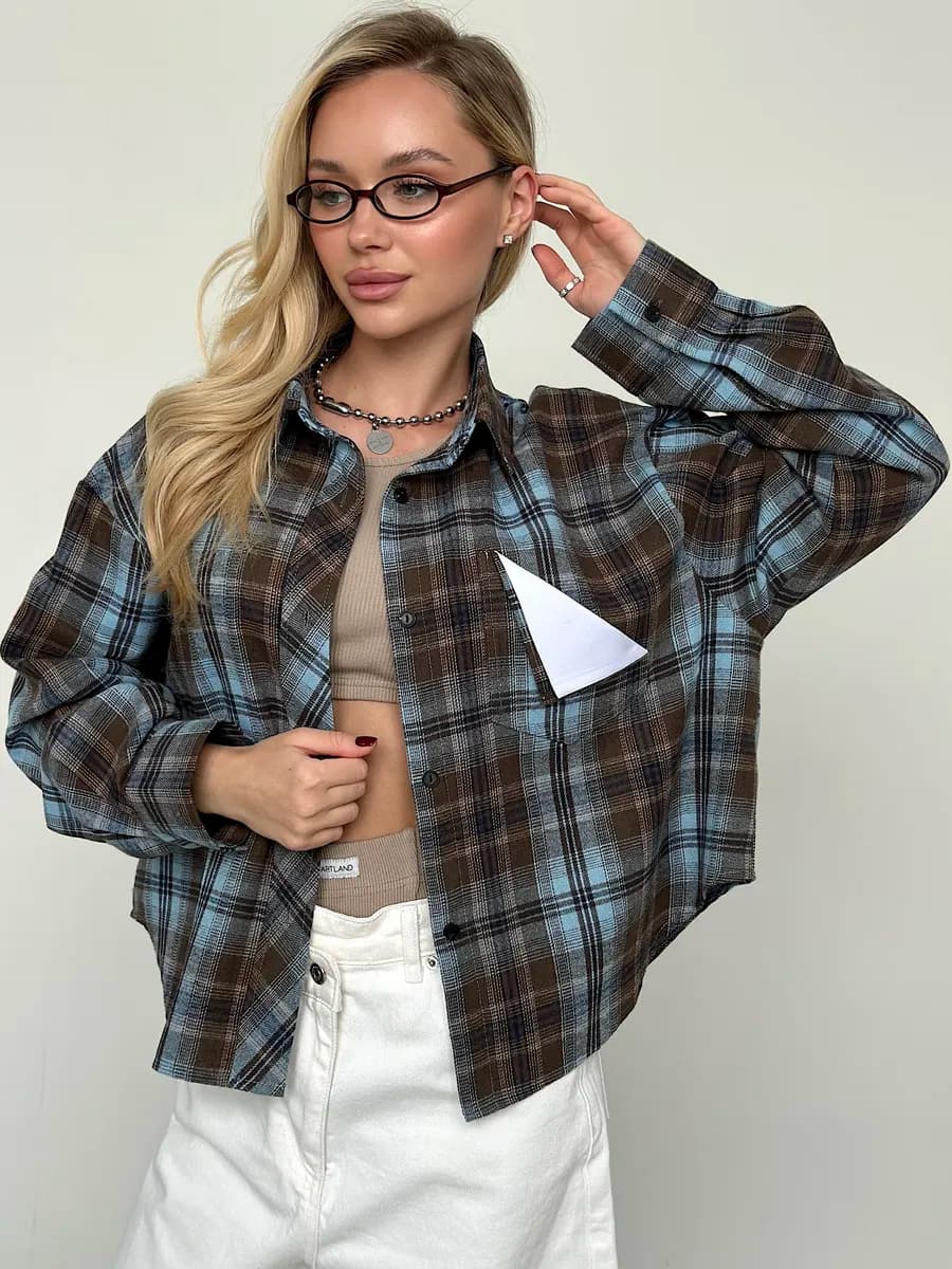 Рубашка летняя оверсайз легкая укороченная в клетку хлопок