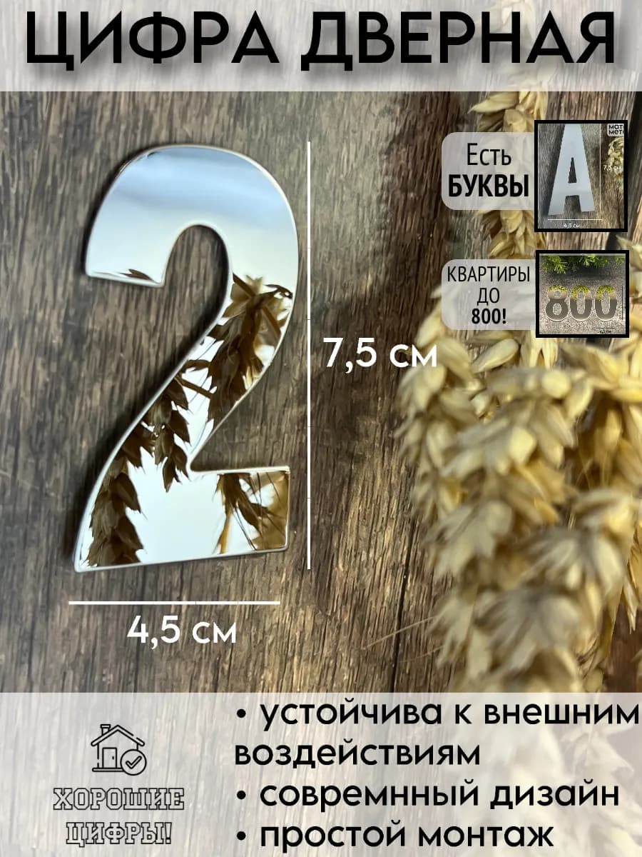 Цифра на дверь металлическая серебро 2