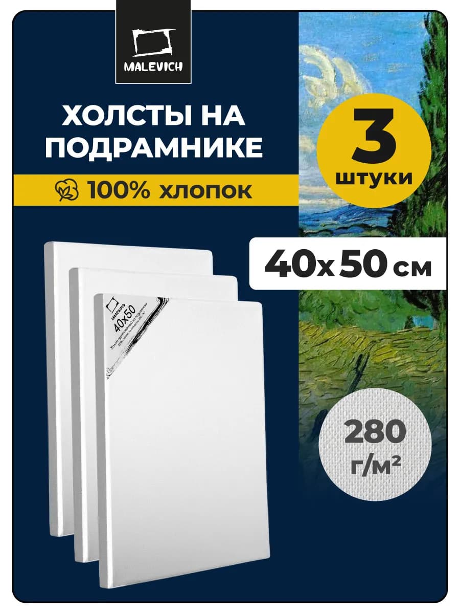 Холст на подрамнике грунтованный, 40х50 см, набор 3 шт