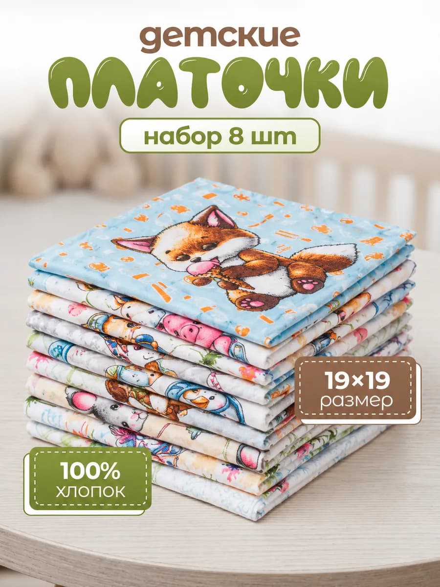 Носовые платки из хлопка детские набор 8 шт
