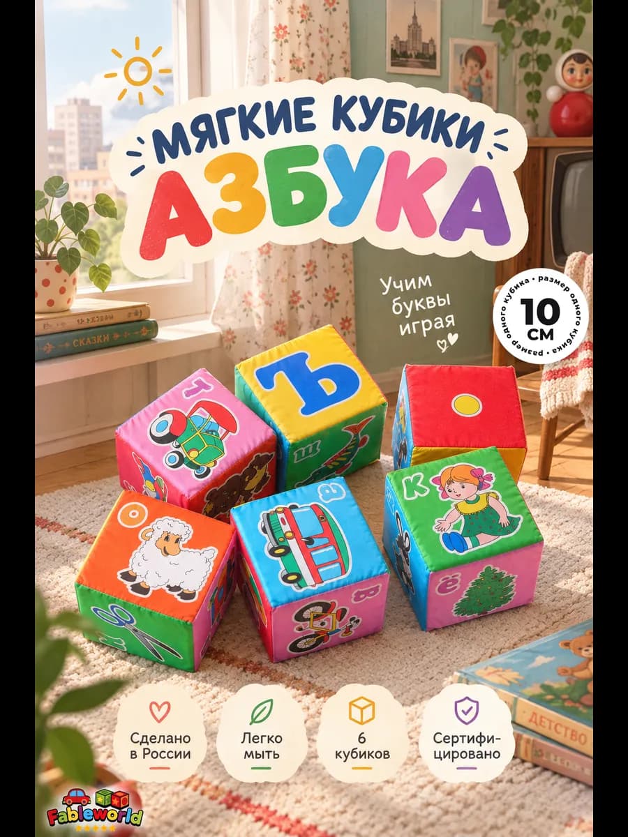 Мягкие кубики "Азбука" 10х10 см