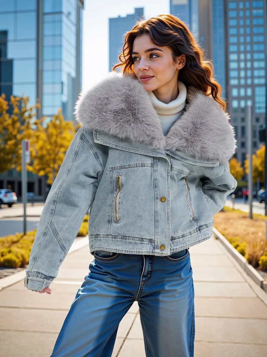 Куртка джинсовая демисезон меховой воротник