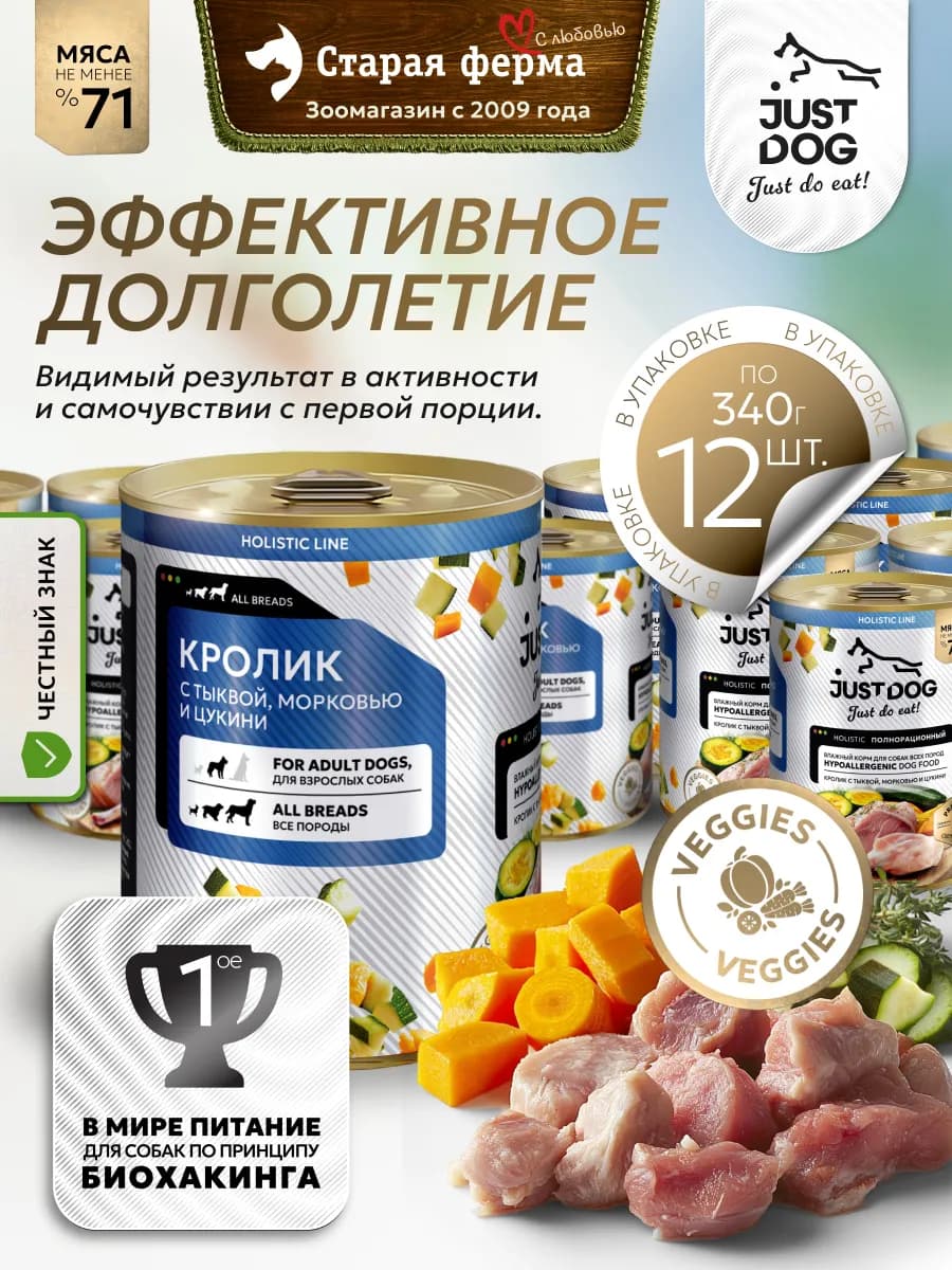 Влажный корм для собак, кролик, консервы 340 г х 12 шт