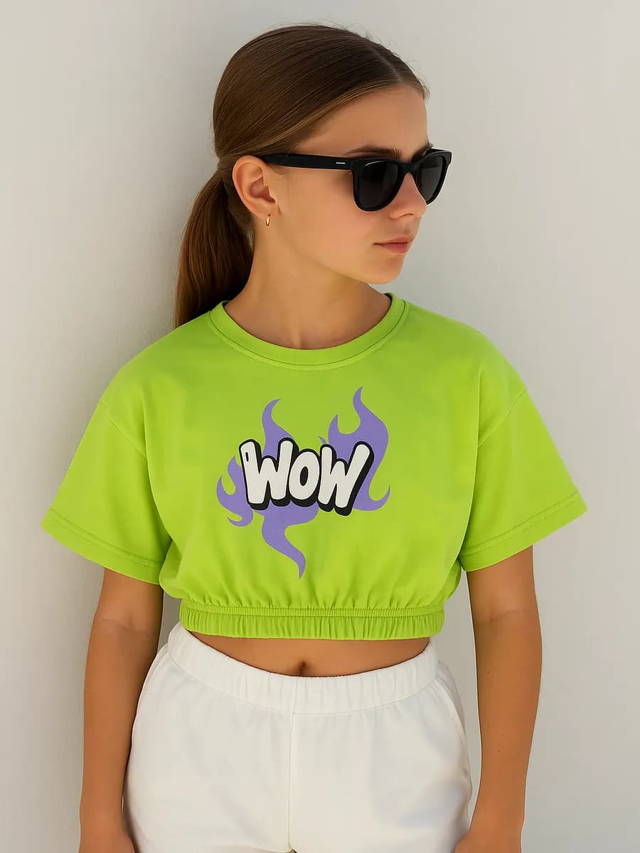 Футболка для девочки оверсайз укороченная с принтом