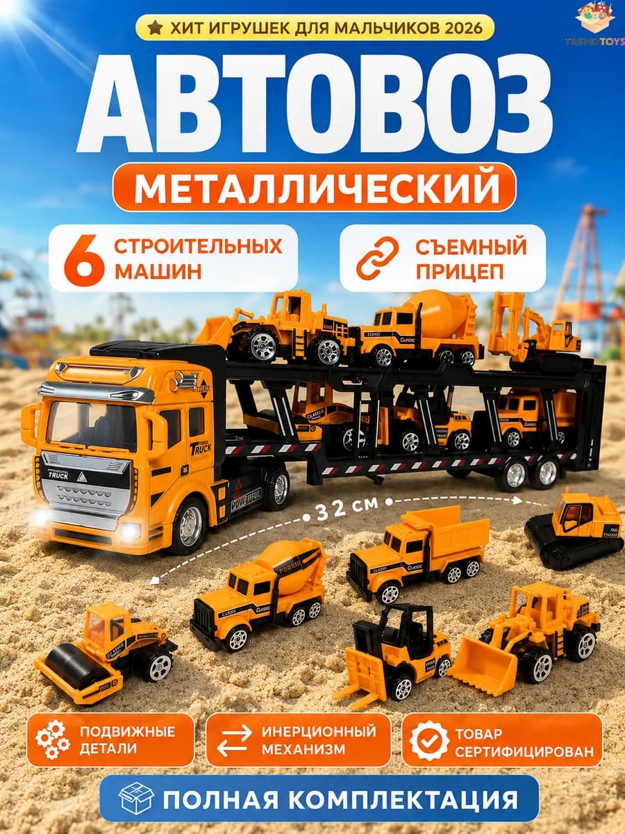 Автовоз металлический с машинками спецтехники