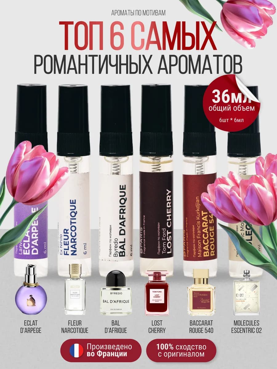 Духи набор пробников стойкие шлейфовые 6шт по 6 мл