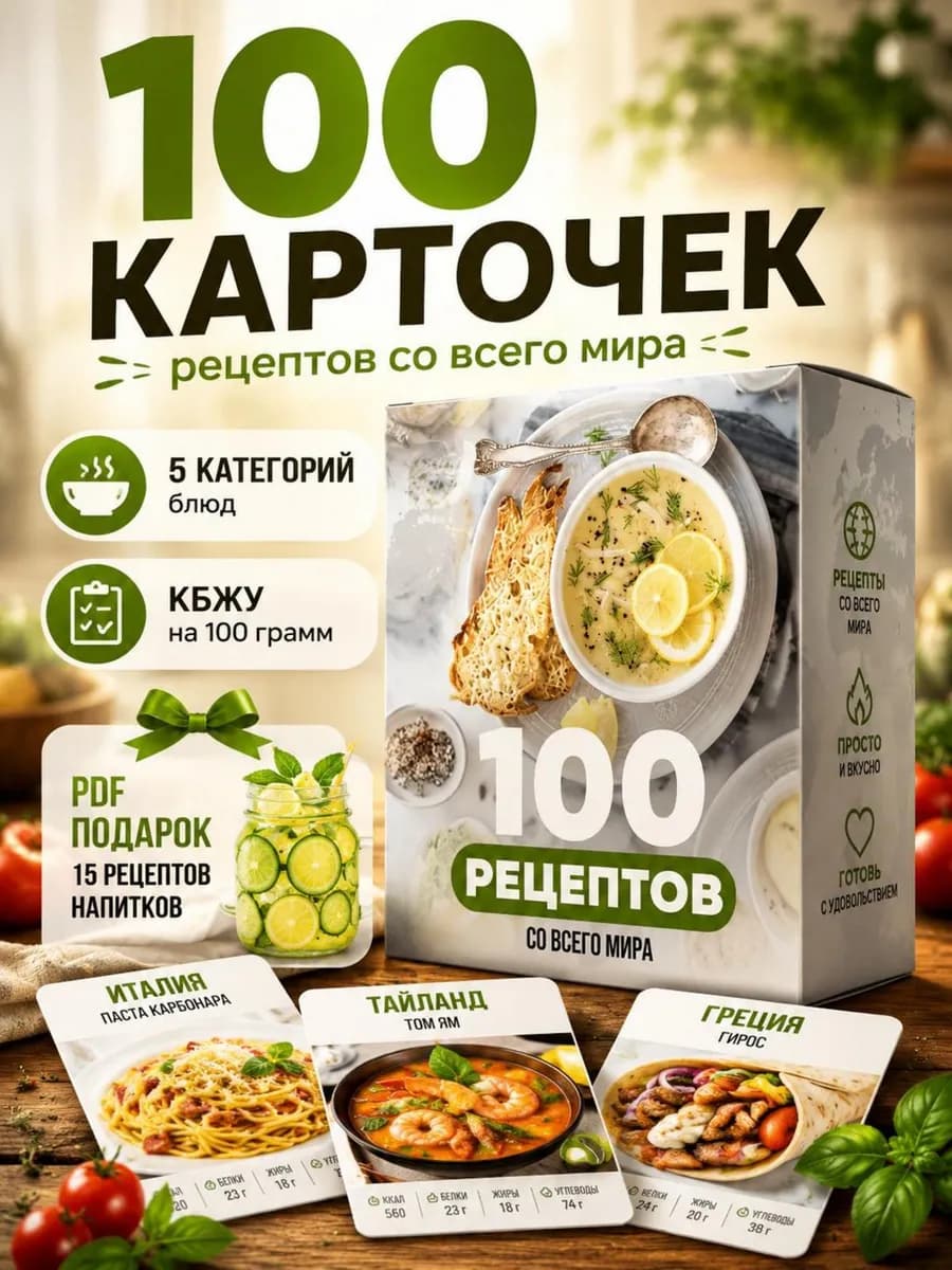 100 карточек с рецептами со всего мира с КБЖУ