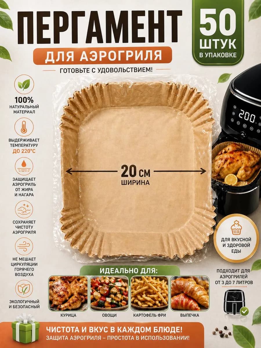 Пергамент вкладыш для выпечки и аэрогриля, 50 шт