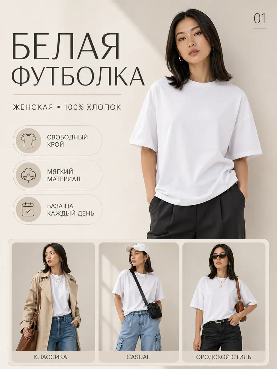 Футболка премиум 100% хлопок, белая, плотная 260 г м²