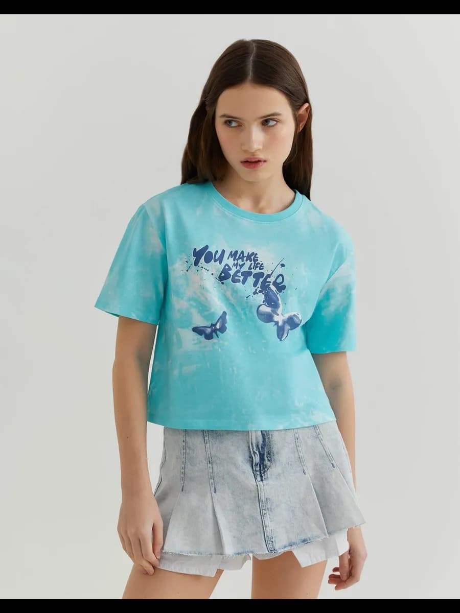 Укороченная футболка oversize тай-дай с принтом