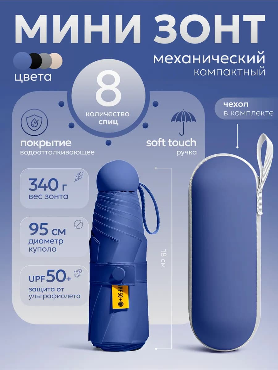 Маленький зонт 8 спиц компактный с чехлом