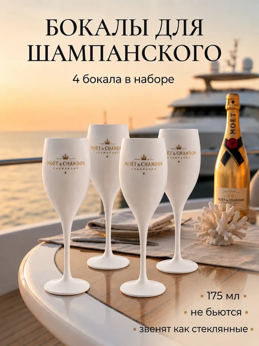 Бокалы пластиковые для шампанского и вина 4 шт 175 мл