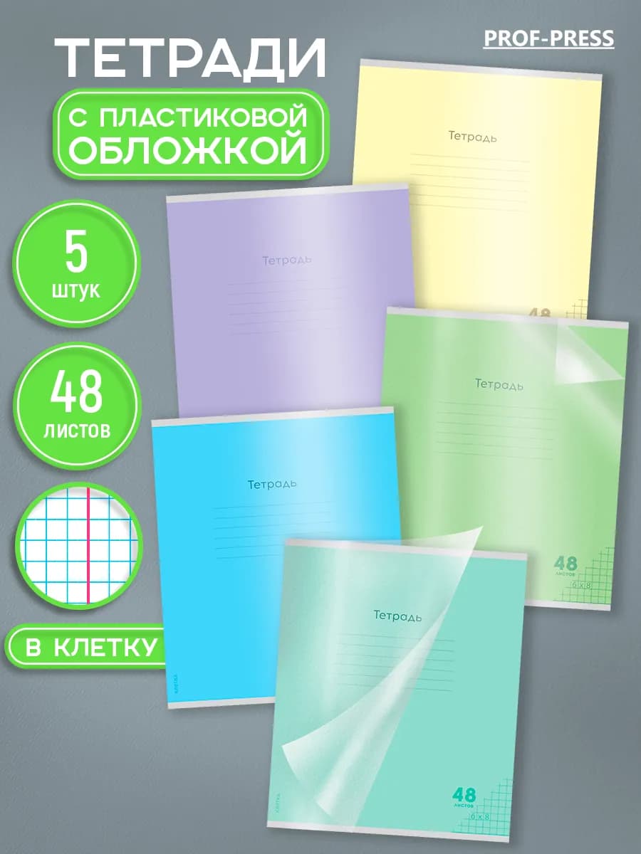 Тетрадь в клетку с пластиковой обложкой 48 листов 5 штук - фото 1