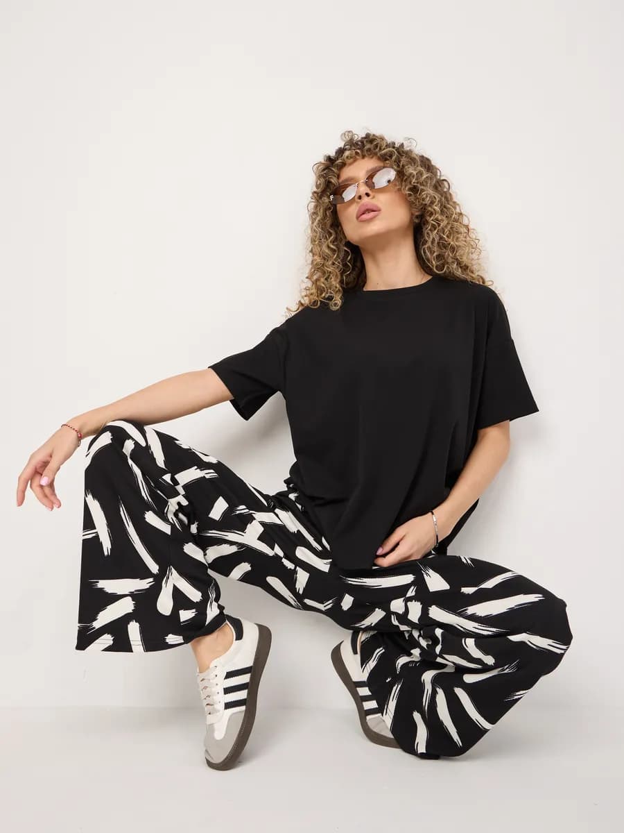 Домашние брюки палаццо женские на резинке в рубчик