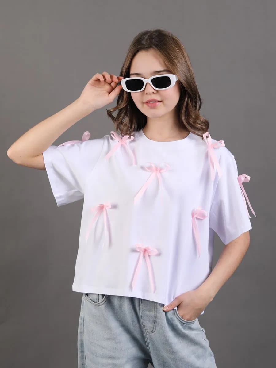 Футболка для девочки оверсайз с бантиками