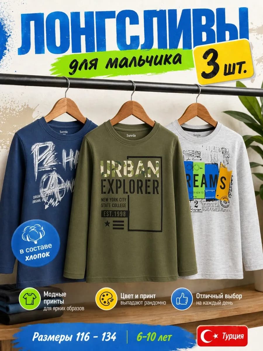Набор лонгсливов для мальчика 3 шт. школьный хлопок Турция