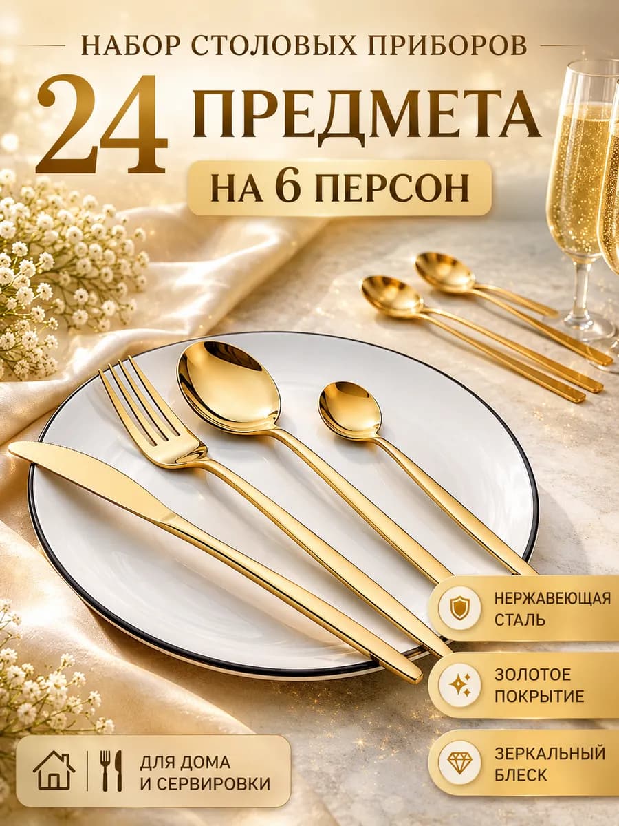 Сервиз столовый приборов на 6 персон 24 предмета золото