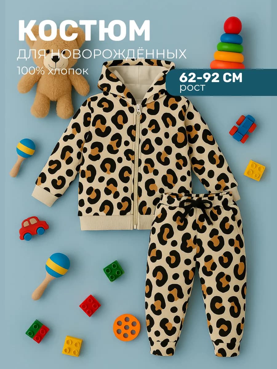 Костюм детский худи на на молнии и штаны леопард