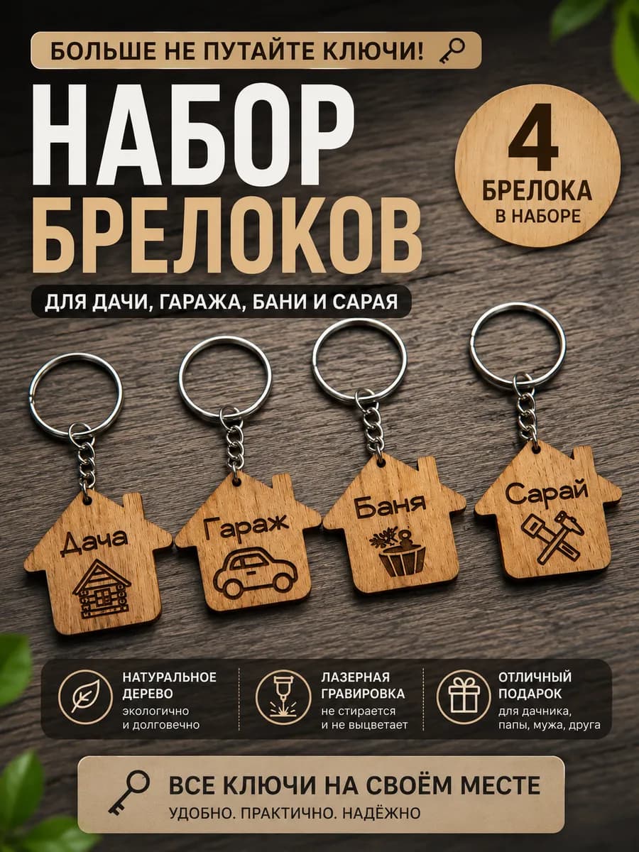 Брелоки для ключей деревянные с гравировкой 4 шт для дачи