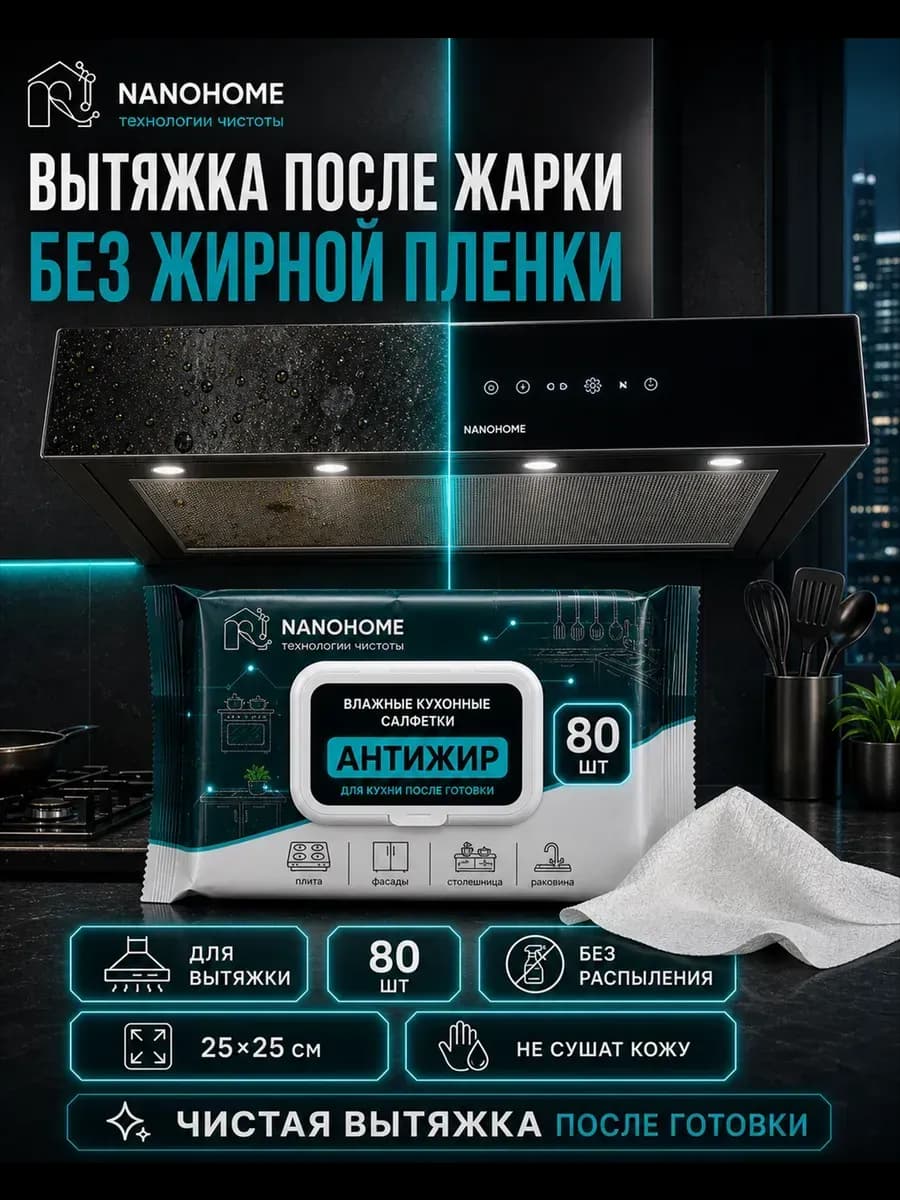 Салфетки влажные кухонные "Антижир" для уборки, 80 шт