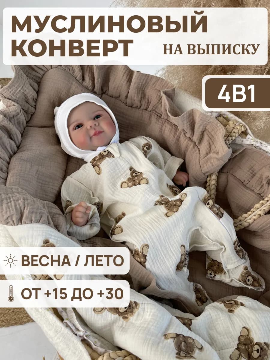 Комплект на выписку для новорожденного муслиновый 4в1