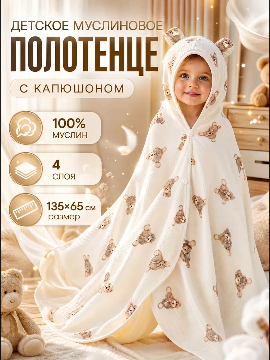 Полотенце муслиновое детское с капюшоном для новорожденных
